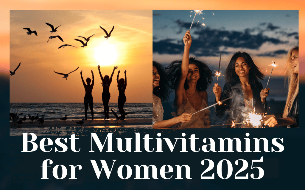 Women celebrating on the beach with arms raised, against a sunset backdrop