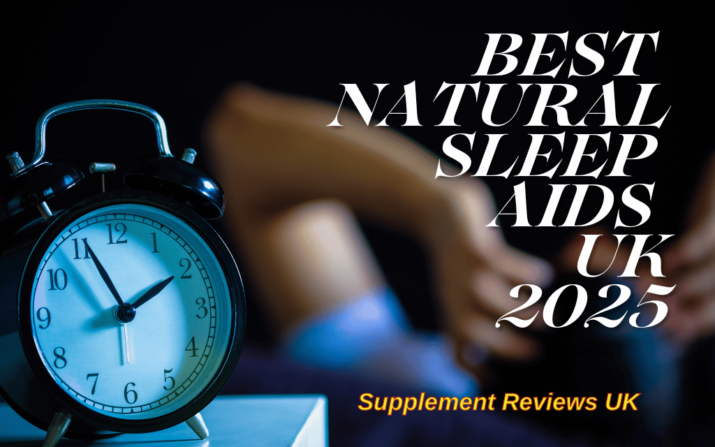 A person reclines with their hands on their heads next to a clock with the words Best Natural Sleep Aids UK 2025