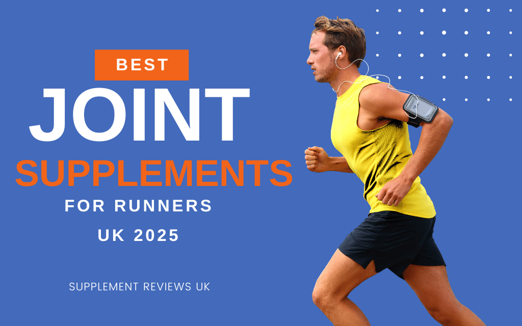 A man in a yellow shirt and black shorts runs against a blue background. Wording next to him says Best Joint Supplements for Runners UK 2025