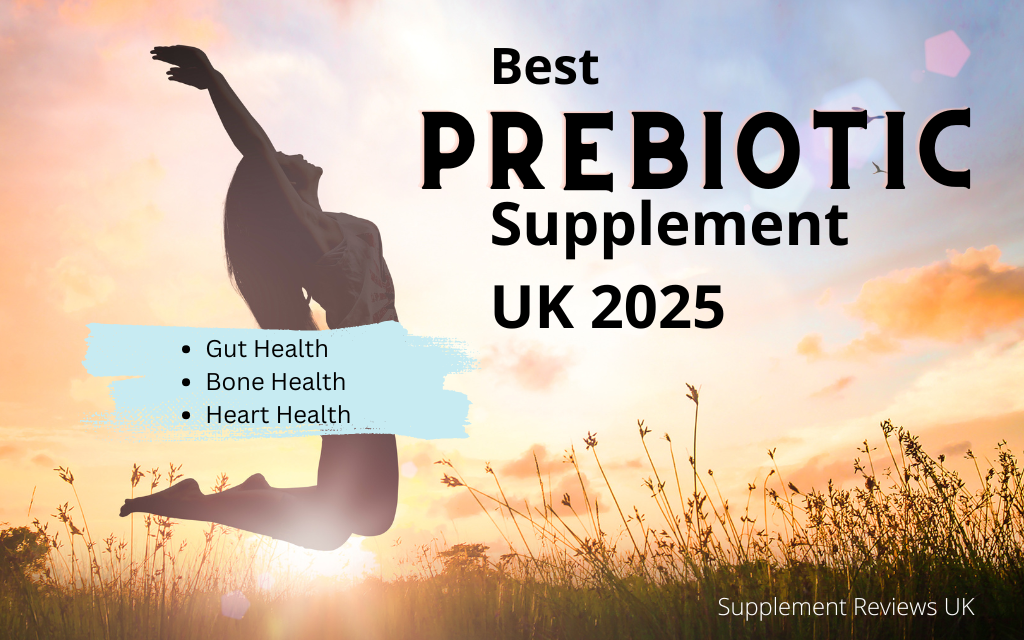 A woman jumps into the air with the words Best Prebiotic Supplement Uk 2025 next to her