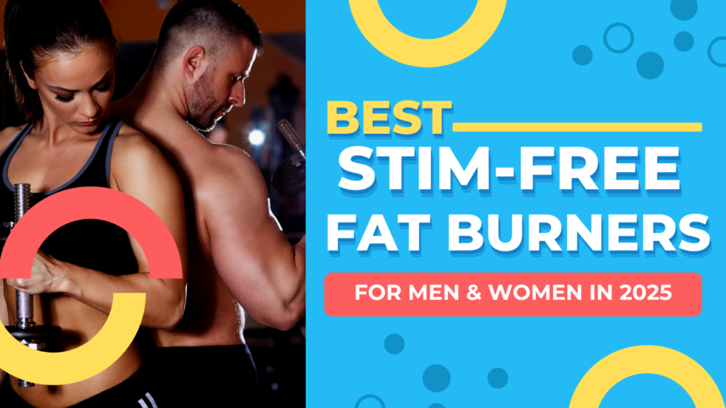 A man and woman are back to back holding weights, advertising best stim-free fat burners 