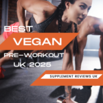 A man and woman exercise using weights with the words best evegan preworkout 2025 next to them