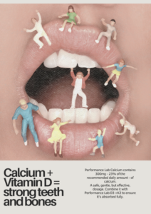 A woman's mouth is open showing her teeth. Text below talks about the importance of calcium and vitamin D for healthy teeth and bones