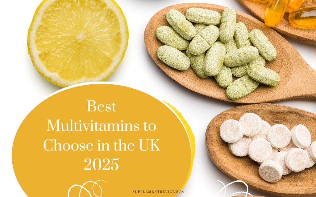 Wooden spoons on a plain background with multivitamin tablets on top, next to fruit